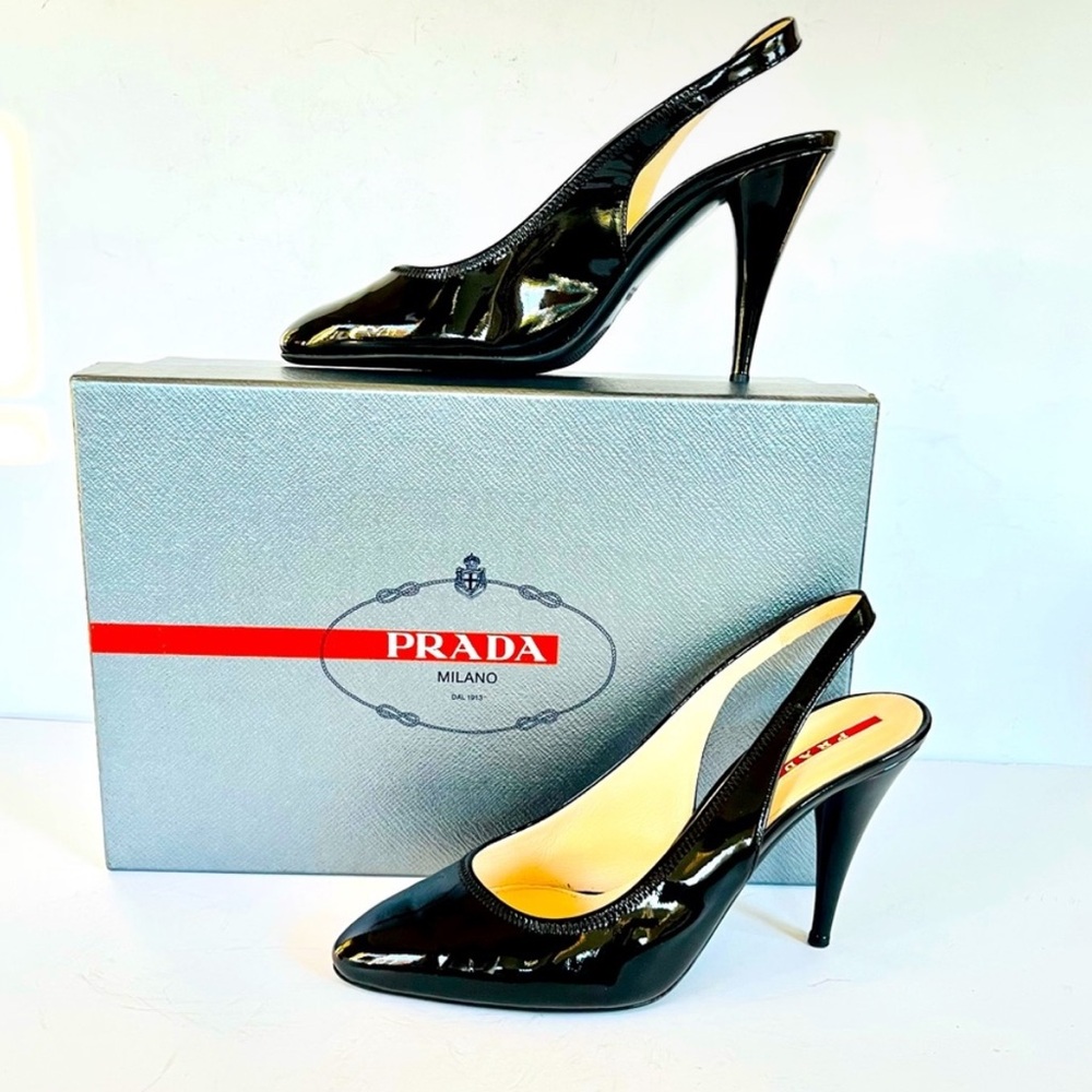 Prada black patent leather slingback heels